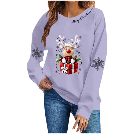 Ichuanyi Womens Christmas Long Sleeve Crewneck Sweatshirts Christmas Print Casual Pullover Cute Xmas Shirt Top