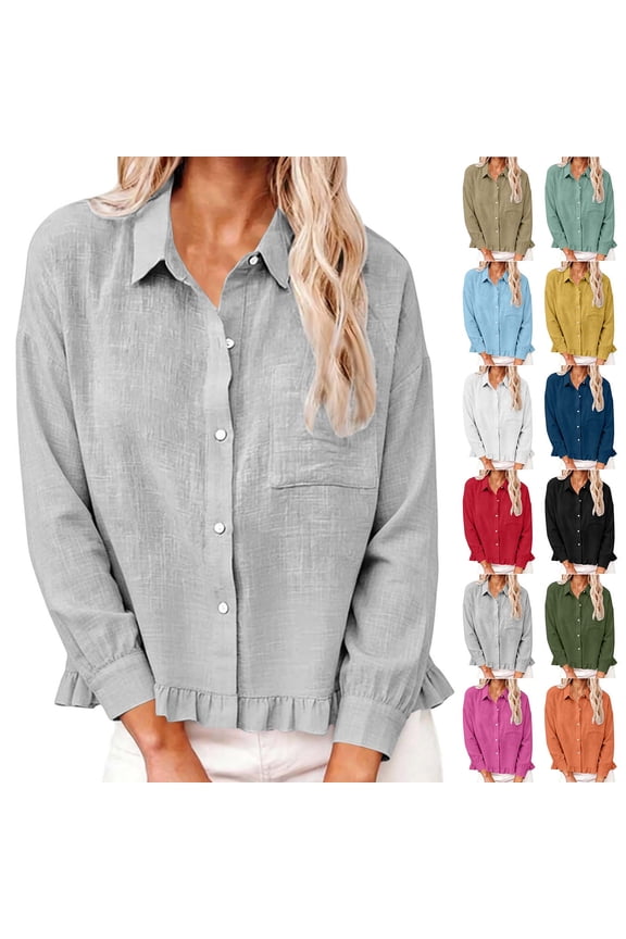 Ichuanyi Womens Cotton Button Down Shirt Casual Long Sleeve Loose Fit Collared Linen Hem Fringe Blouse Tops with Pocket,Button On Shirt