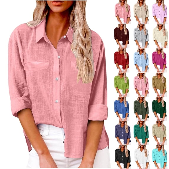 Ichuanyi Womens Cotton Button Down Shirt Casual Long Sleeve Loose Fit Collared Linen Work Blouse Tops with Pocket,Button On Shirt