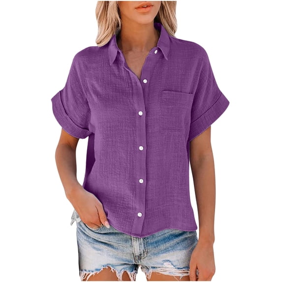 Ichuanyi Womens Cotton Button Down Shirt Casual Long Sleeve Loose Fit Collared Linen Work Blouse Tops with Pocket,Button On Shirt
