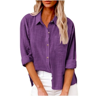 Ichuanyi Womens Cotton Button Down Shirt Casual Long Sleeve Loose Fit Collared Linen Work Blouse Tops with Pocket