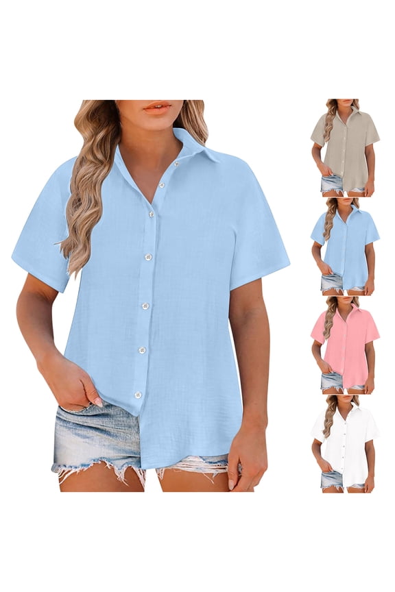 Ichuanyi Womens Cotton Button Down Shirt Casual Short Sleeve Loose Fit Collared Linen Work Blouse Tops with Pocket,Button On Shirt
