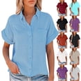 thumbnail image 1 of Ichuanyi Womens Cotton Button Down Shirt Casual Short Sleeve Loose Fit Collared Linen Work Blouse Tops with Pocket,Button On Shirt, 1 of 6
