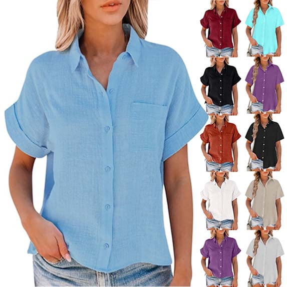 Ichuanyi Womens Cotton Button Down Shirt Casual Short Sleeve Loose Fit Collared Linen Work Blouse Tops with Pocket,Button On Shirt