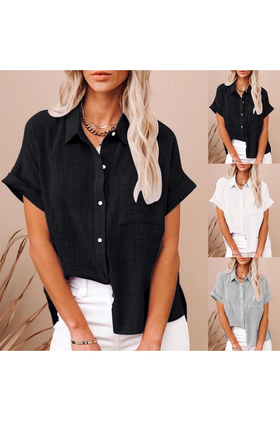 Ichuanyi Womens Cotton Button Down Shirt Casual Short Sleeve Loose Fit Collared Linen Work Blouse Tops with Pocket,Button On Shirt