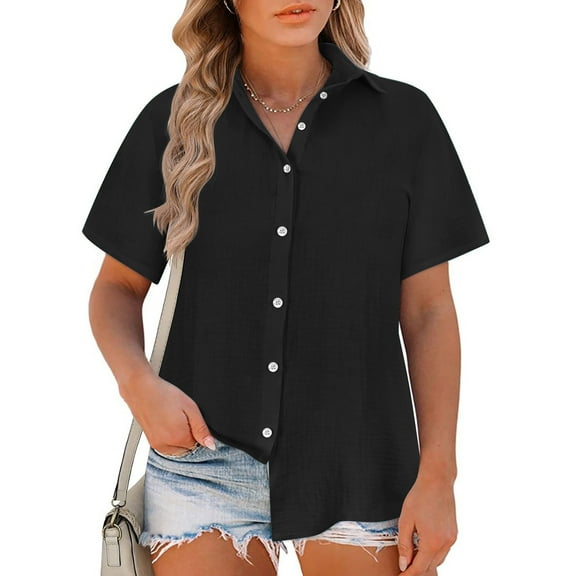 Ichuanyi Womens Cotton Button Down Shirt Casual Short Sleeve Loose Fit Collared Linen Work Blouse Tops with Pocket,Button On Shirt