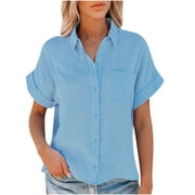 ICHAUNYI Ichuanyi Womens Cotton Button Down Shirt Casual Short Sleeve Loose Fit Collared Linen Work Blouse Tops with Pocket