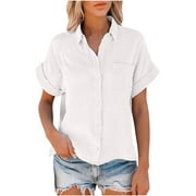 Ichuanyi Womens Cotton Button Down Shirt Casual Short Sleeve Loose Fit Collared Linen Work Blouse Tops with Pocket