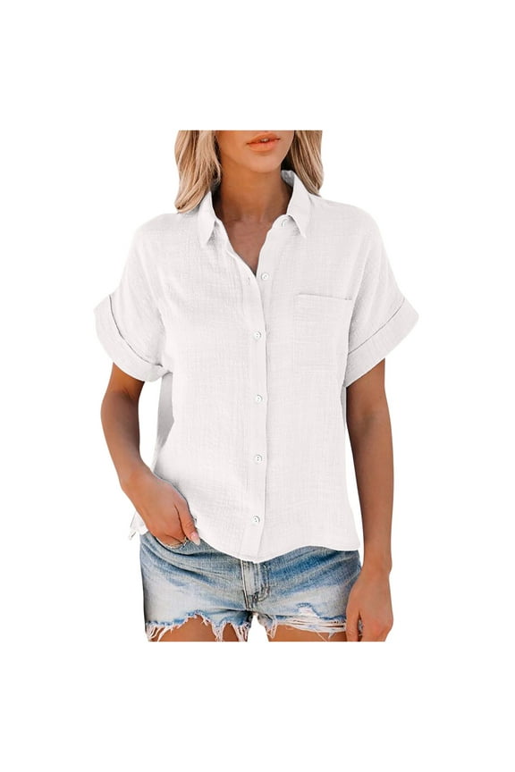 Ichuanyi Womens Cotton Button Down Shirt Casual Short Sleeve Loose Fit Collared Linen Work Blouse Tops with Pocket,Button On Shirt