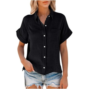 Ichuanyi Womens Cotton Button Down Shirt Casual Short Sleeve Loose Fit Collared Linen Work Blouse Tops with Pocket,Button On Shirt