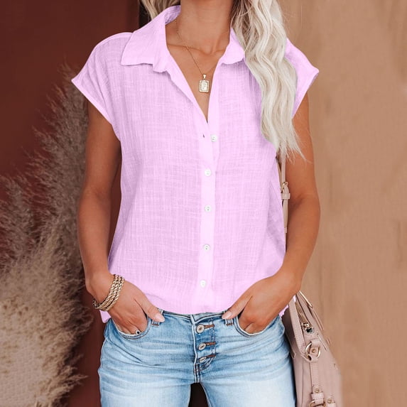 Ichuanyi Womens Cotton Button Down Shirt Casual Short Sleeve Loose Fit V-Neck Linen Work Blouse Tops with Pocket, Button On Shirt