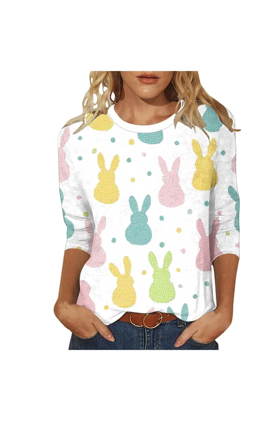 Ichuanyi Womens Easter Printed 3/4 Length Sleeve Tops Casual Loose Fit Crewneck T Shirts Cute Solid Three Quarter Length Tunic Tops
