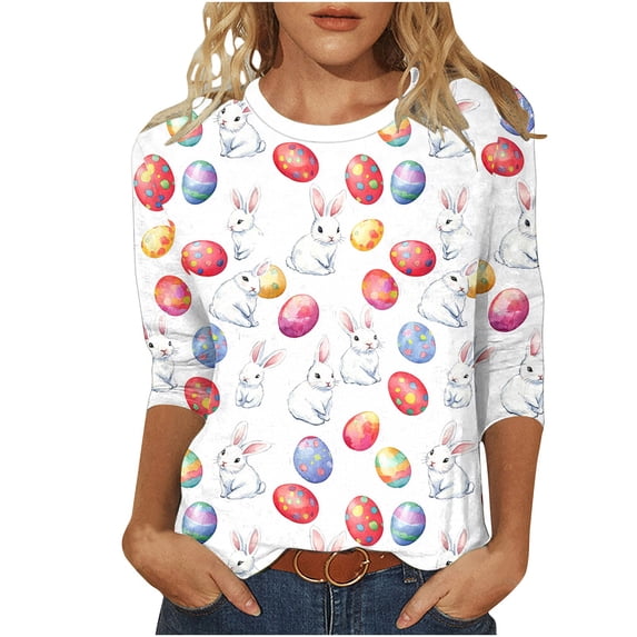 Ichuanyi Womens Easter Printed 3/4 Length Sleeve Tops Casual Loose Fit Crewneck T Shirts Cute Solid Three Quarter Length Tunic Tops