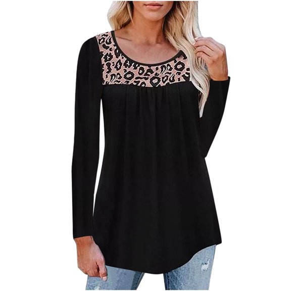 Ichuanyi Womens Fall Tops, Fashion Women Casual Loose Leapard Printed Irregular Splicing Round Neck Tees Tops