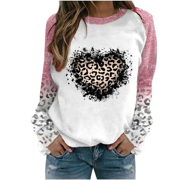 Ichuanyi Womens Fall Tops, Women's Casual Valentine's Day Heart Print Round Neck Casual Sweatshirt Top