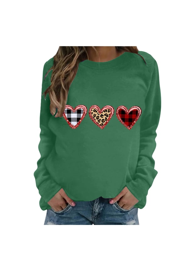 Ichuanyi Womens Fall Tops, Women's Casual Valentine's Day Heart Print Round Neck Casual Sweatshirt Top