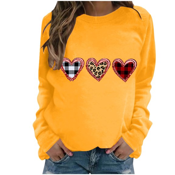 Ichuanyi Womens Fall Tops, Women's Casual Valentine's Day Heart Print Round Neck Casual Sweatshirt Top