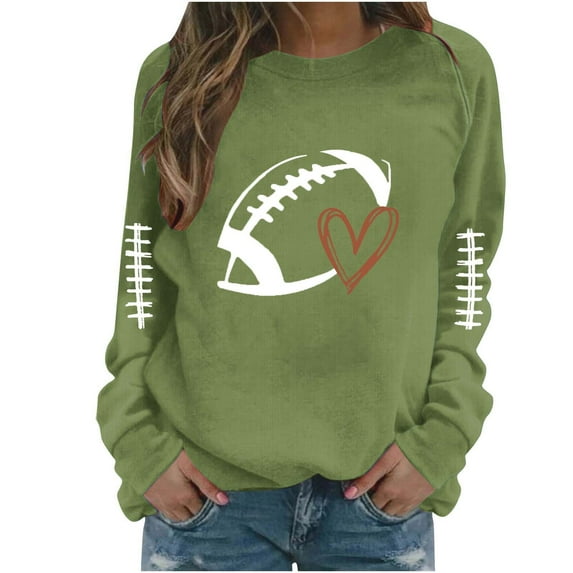 Ichuanyi Womens Fall Tops, Women's Fashion Football Heart Print Round Neck Casual Graphic Sweatshirt Top