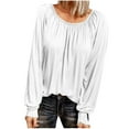thumbnail image 1 of Ichuanyi Womens Fall Tops, Women's O-Neck Solid Stitching Fashion Casual Pleated Long Sleeved Top Blouse, 1 of 5
