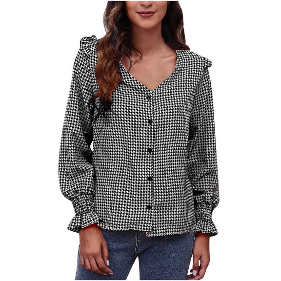 Ichuanyi Womens Fall Tops, Women's Autumn And Winter V-Neck Houndstooth Temperament Print Fungus Edge Buttoned Long-Sleeved Top