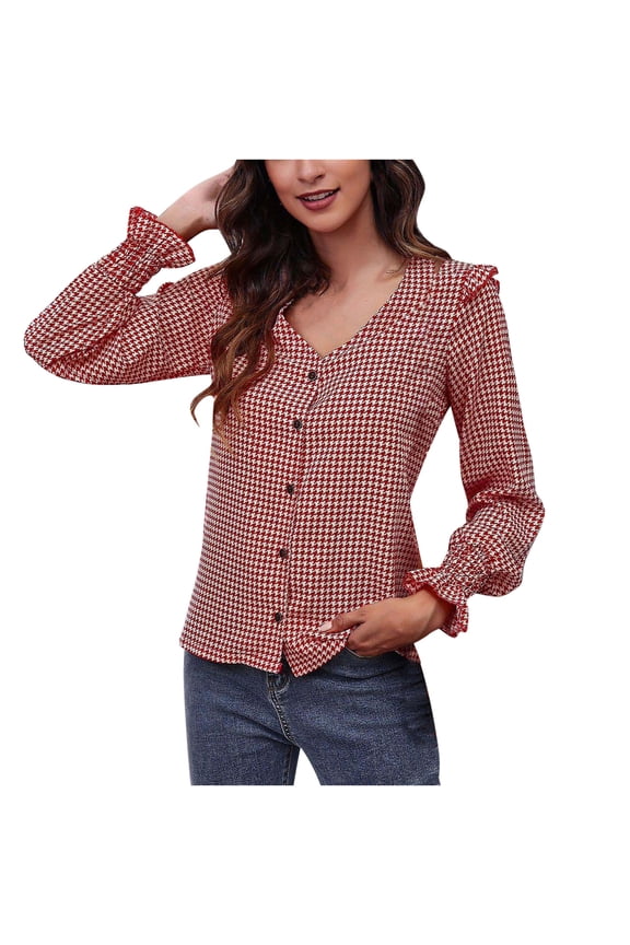 Ichuanyi Womens Fall Tops, Women's Autumn And Winter V-Neck Houndstooth Temperament Print Fungus Edge Buttoned Long-Sleeved Top
