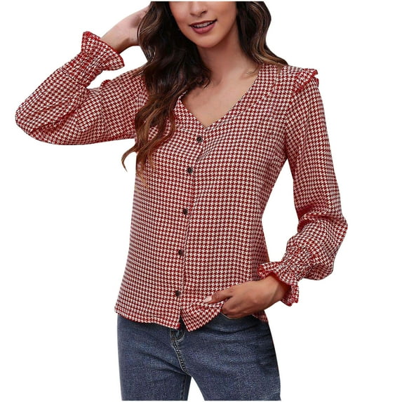 Ichuanyi Womens Fall Tops, Women's Autumn And Winter V-Neck Houndstooth Temperament Print Fungus Edge Buttoned Long-Sleeved Top