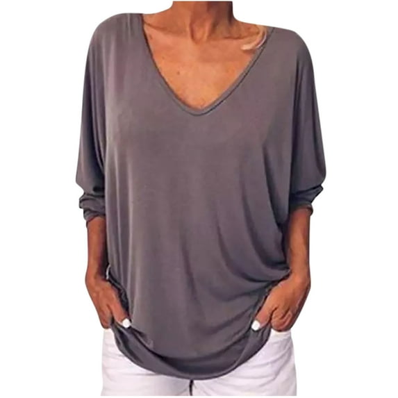 Ichuanyi Womens Fall Tops, Women's Summer Fashion V-neck Bat 3/4 Sleeve Solid Color Tops