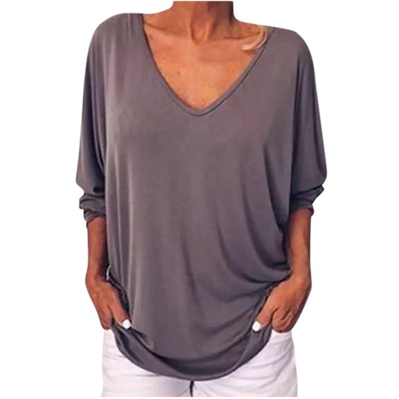 Ichuanyi Womens Fall Tops, Women's Summer Fashion V-neck Bat 3/4 Sleeve Solid Color Tops