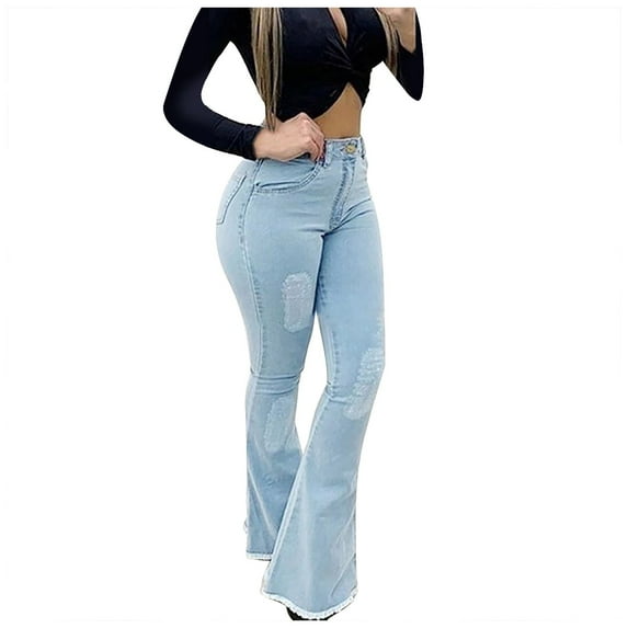 Ichuanyi Womens Pants Clearance, Women Solid Color Solid Flared High Jeans Flares Ankle Fashion Pants Trouser