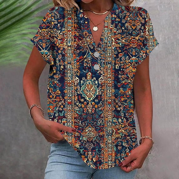 Ichuanyi Womens Printed Tops Short Sleeve Shirts Dressy Casual Henley V-Neck Summer Tops T-Shirts Loose Fit Tunic Blouses