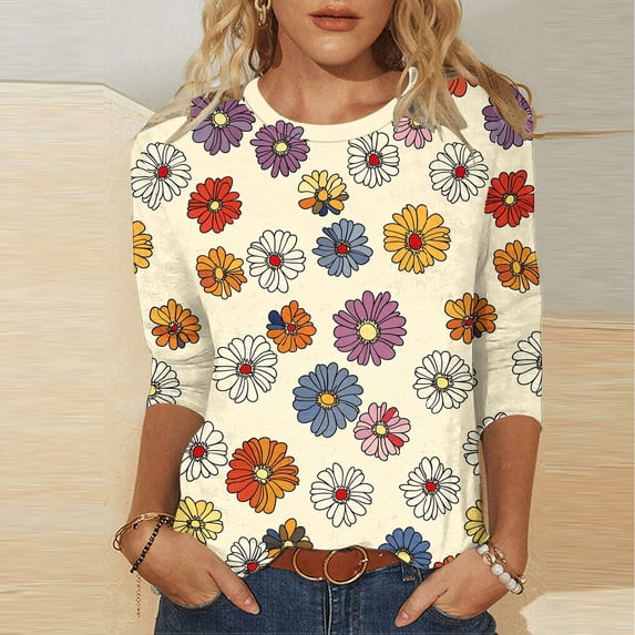 Ichuanyi Womens Relaxed Fit 3/4 Sleeves T-Shirt Sunflower Floral Print Round Neck Casual Top, Soft Breathable Three-Quarter Sleeve Blouse for Women, Loose Comfortable Daily Wear