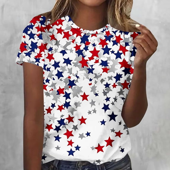 Ichuanyi Womens Round Neck Short Sleeve T-Shirts Independence Day Graphic Tee Tops Loose Casual Summer Top