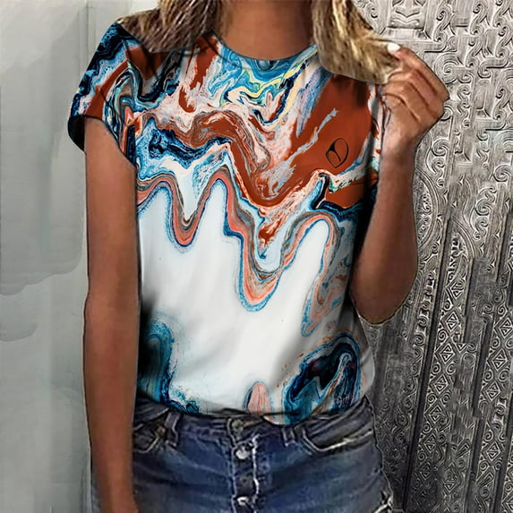 Ichuanyi Womens Shirts, Adult Fashion Woman Round Neck Short Sleeve Tops T-Shirt Prints Loose Blouse