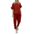 thumbnail image 1 of Ichuanyi Womens Shirts , 2PC Fashion Woman Round Neck Solid Short Sleeve Blouse +Loose Pants Sets, 1 of 9