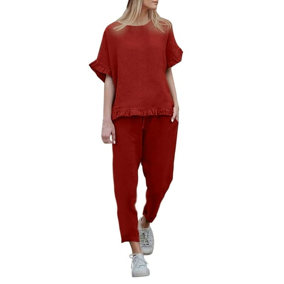 Ichuanyi Womens Shirts , 2PC Fashion Woman Round Neck Solid Short Sleeve Blouse +Loose Pants Sets