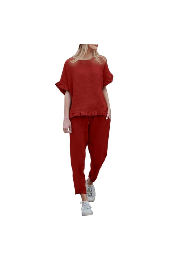 Ichuanyi Womens Shirts , 2PC Fashion Woman Round Neck Solid Short Sleeve Blouse +Loose Pants Sets
