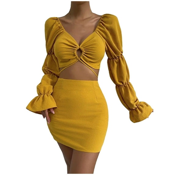 Ichuanyi Womens Shirts , 2PC Fashion Woman V-Neck Solid Hollw Out Bandag Long Sleeve Blouse +Mini Dress Sets