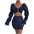 thumbnail image 1 of Ichuanyi Womens Shirts , 2PC Fashion Woman V-Neck Solid Hollw Out Bandag Long Sleeve Blouse +Mini Dress Sets, 1 of 1