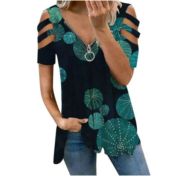 Ichuanyi Womens Shirts Clearance, Fashion Women Hollow Out Print V-Neck T-Shirt Short Sleeve Casual Blouse