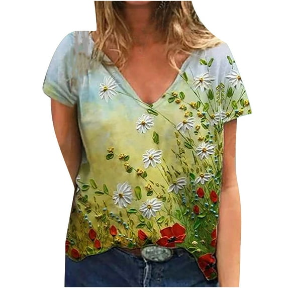 Ichuanyi Womens Shirts Clearance, Fashion Women V-neck Short Sleeve Floral Printed Casual Loose T-Shirt Top Blouse