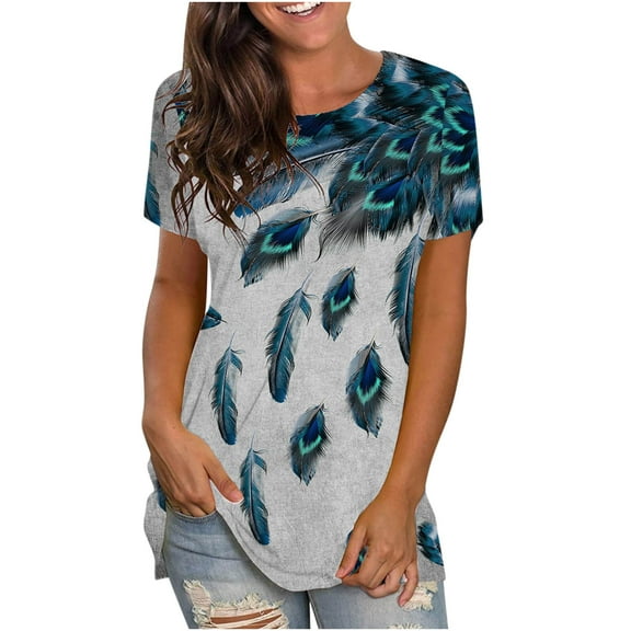 Ichuanyi Womens Shirts , Fashion Women's Casual T-shirt Feather Printed Round-Neck Short Sleeve Pullover Tops Blouse