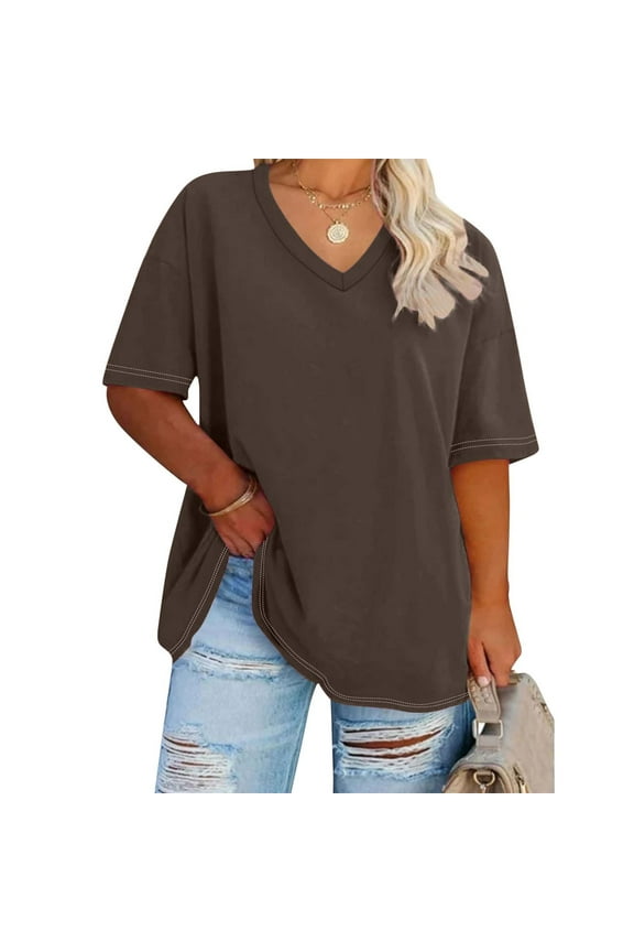 Ichuanyi Womens Shirts , Oversized V-neck T Shirts For Women Plus Size Graphic Drop Shoulder Short Sleeve Tops Summer Loose Pullover Tees