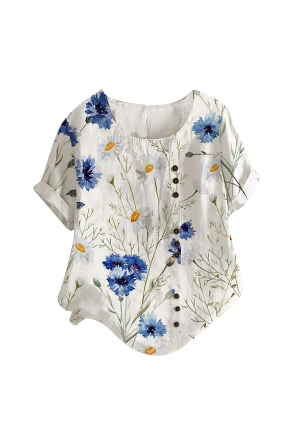 Ichuanyi Womens Shirts , Women Buttons O-Neck Short Sleeve Floral Print Buttons Cotton Linen Vintage Top