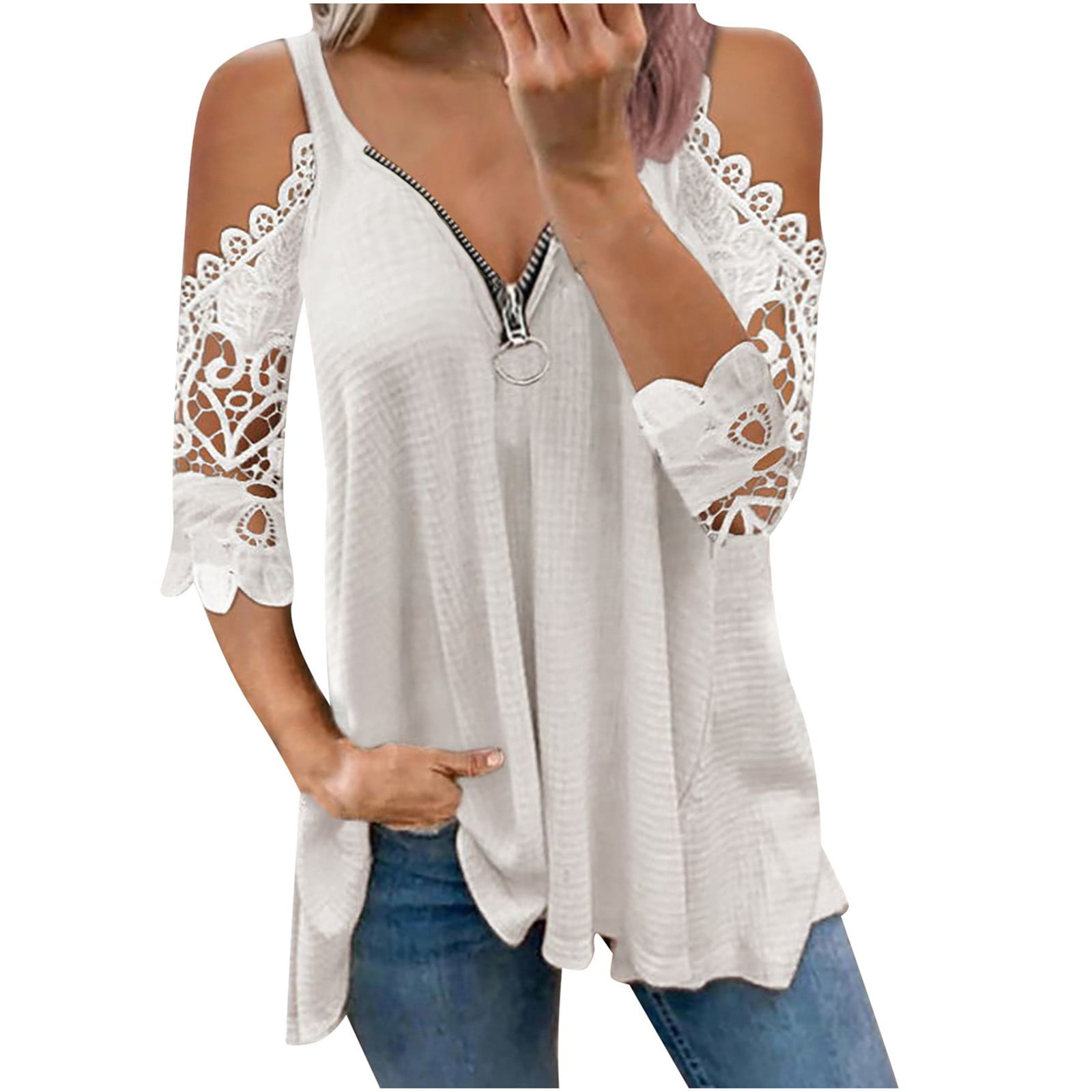 Women's Lace Trim Boho Top - 3/4 Sleeve V-Neck Floral Blouse, Loose Fit Summer Tops