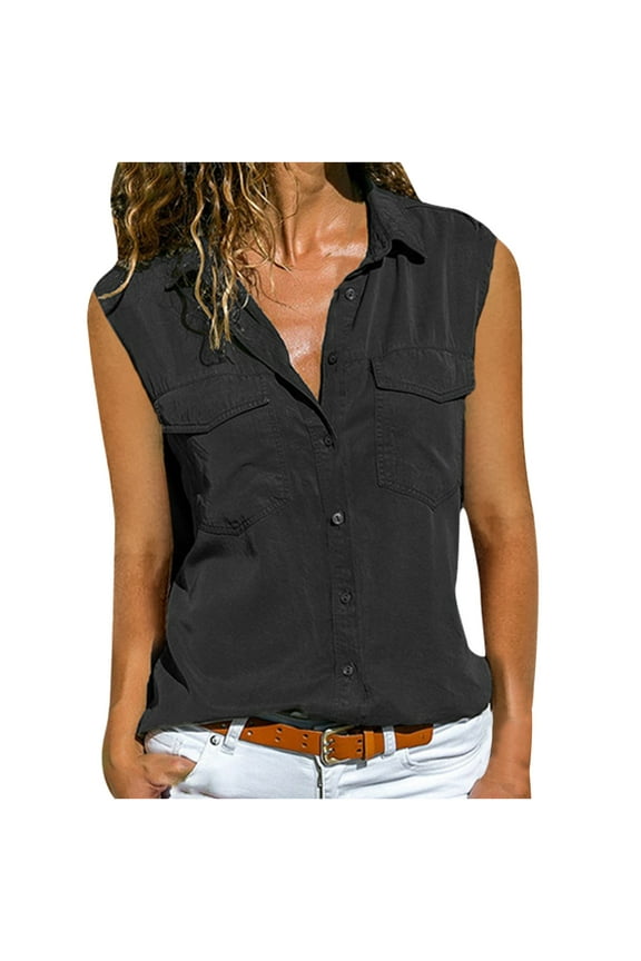 Ichuanyi Womens Shirts , Women Casual Solid Sleeveless Turn Down Collar Pockets Buttons Shirt Tops