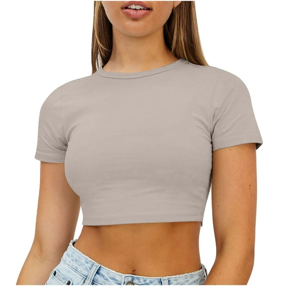 Ichuanyi Womens Shirts , Women Crop Cute Trendy Basic Tight Rounk Neck Crop Blouse Short Sleeve Crop TopS