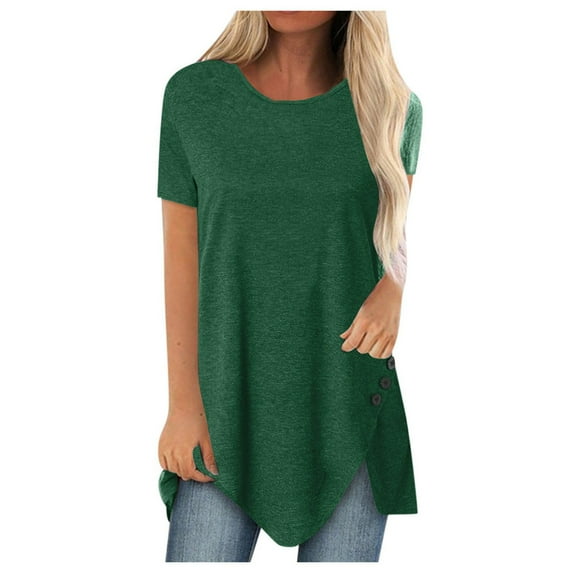 Ichuanyi Womens Shirts , Women Plus Size Button Solid Round Neck Short Sleeve Irregular T-shirt Blouse Tops