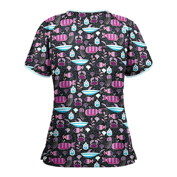 Ichuanyi Womens Shirts, Women Short Sleeve V-neck Tops Working Uniform Cartoon Print Blouse