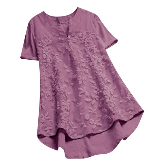 Ichuanyi Womens Shirts , Women Summer Fashion Casual Loose Lace Embroidery Patchwork Solid Short Sleeve V Neck Tops Blouse