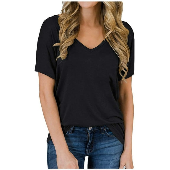 Ichuanyi Womens Shirts , Women's Casual Fashion V-Neck Solid Color Loose Short-Sleeved T-Shirt